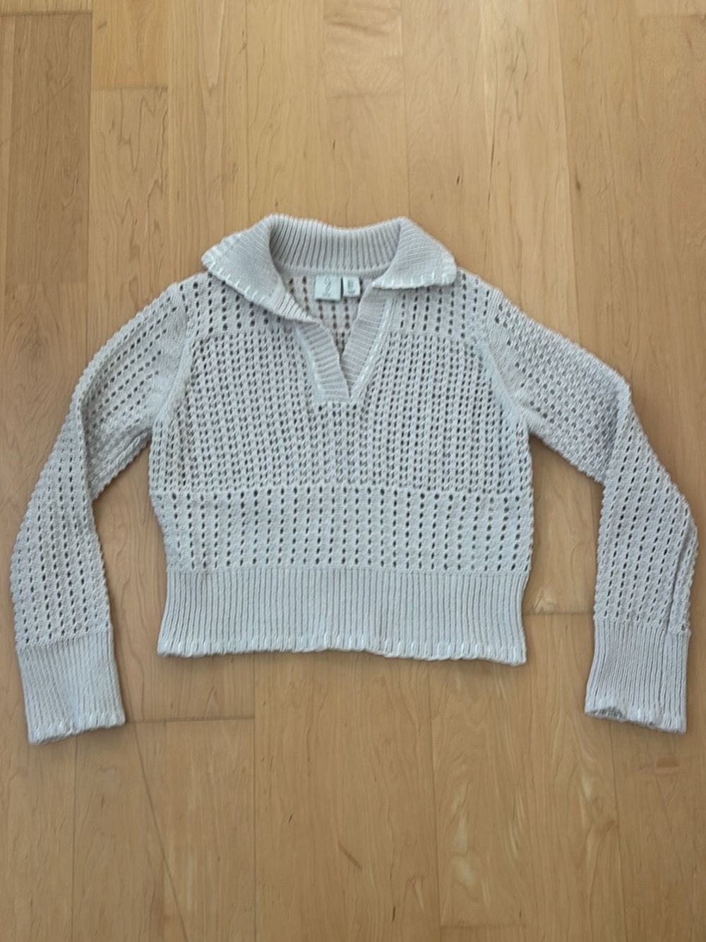 Joie Beige Open-Knit Collared V-Neck Sweater